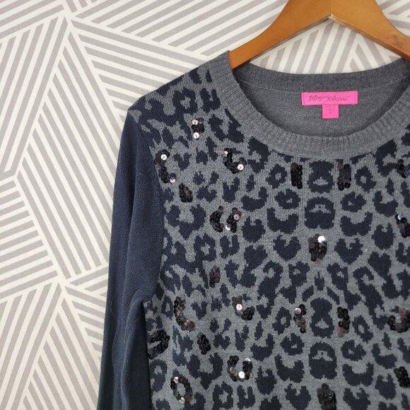Betsey Johnson Sweater Dress Size Medium Animal Print Sequin Grey Black Leopard - Picture 3 of 6